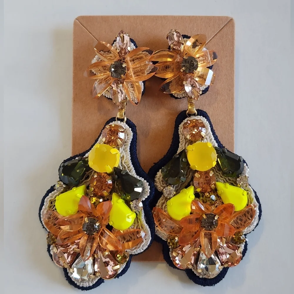 J. Crew NWT Yellow Orange Floral Beaded Rhinestone Stud Earrings